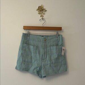 Anthropologie High Waist Plaid Colette Shorts in Light Blue